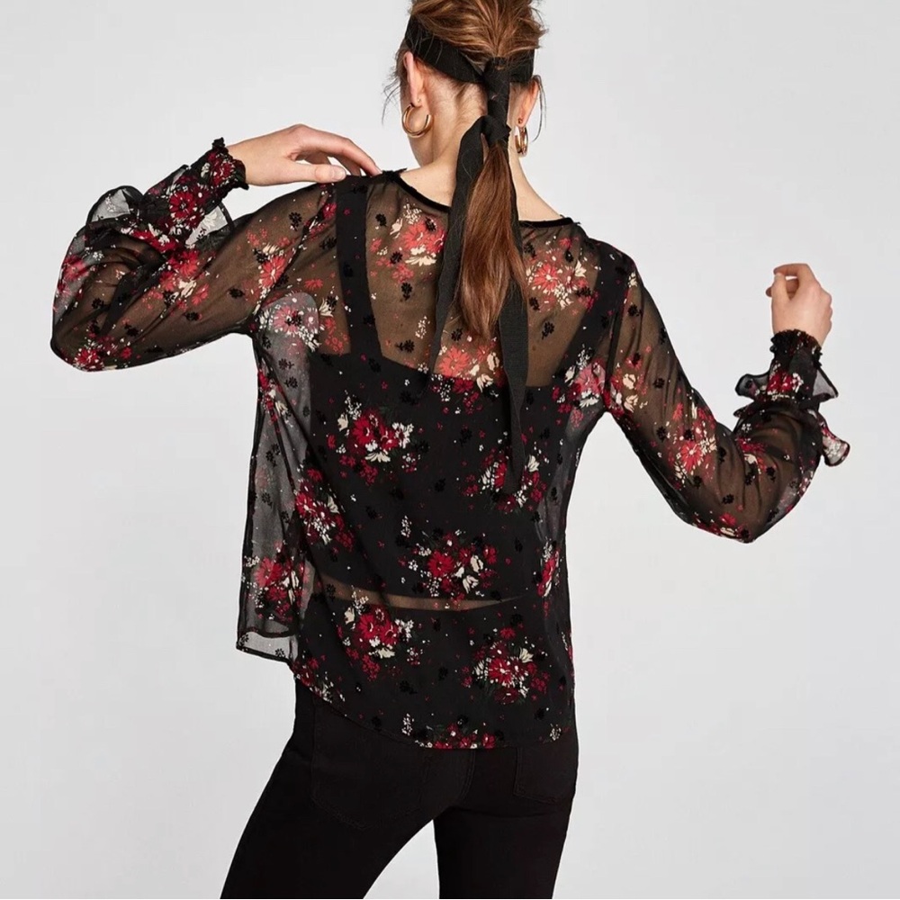 Zara Basic Sheer Dark Floral Velvet Accent V Neck Blouse w/ Ruffle Sleeve - Picture 13 of 14